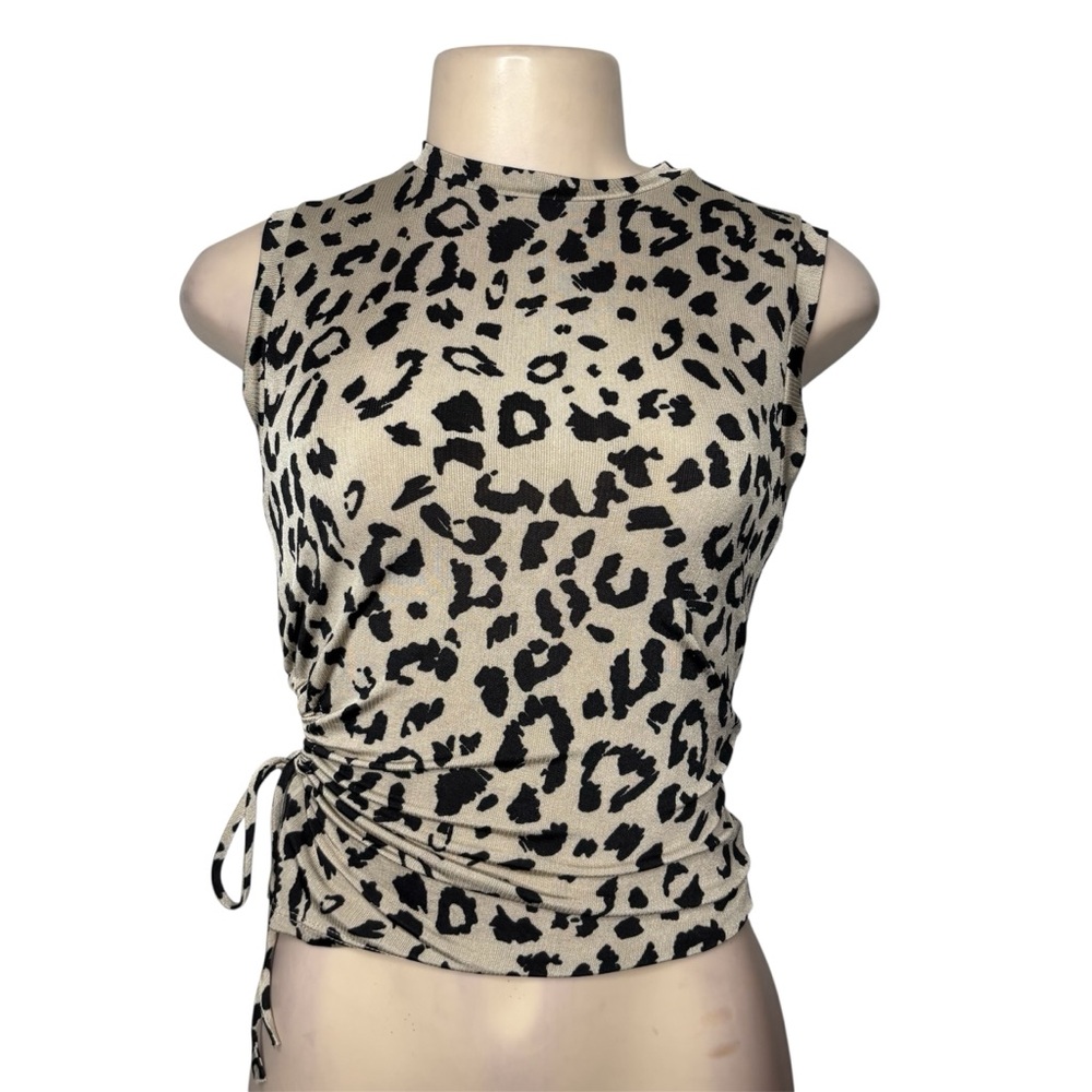 Beige and Black Leopard Side-Tie Sleeveless Top